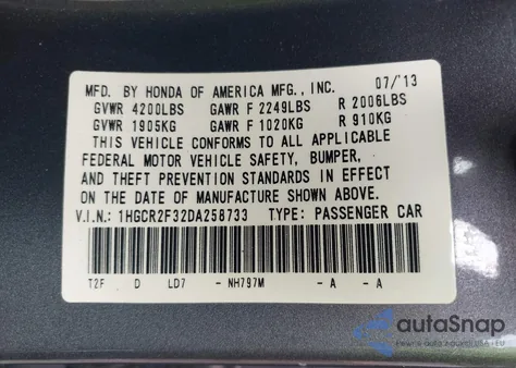 2013 Honda Accord Lx z USA, uszkodzony, nr VIN 1HGCR2F32DA258733